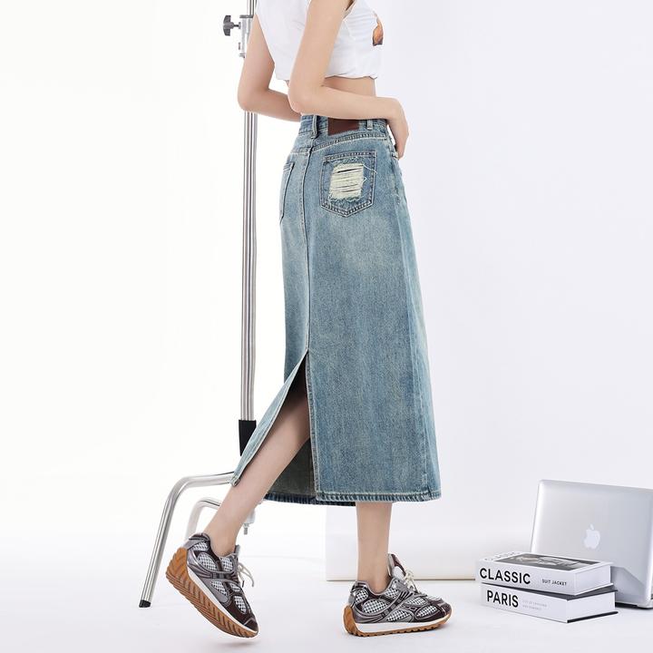 开叉牛仔半身裙女2024新款春夏高腰显瘦遮胯小个子破洞a字中长裙