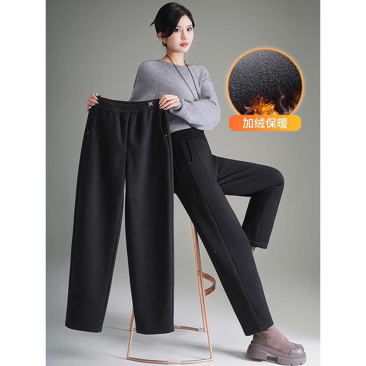 加绒绒毛呢直筒哈伦裤松紧高腰冬季加厚保暖显瘦休闲裤加大码女裤
