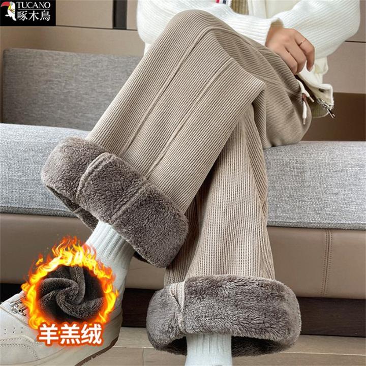 啄木鸟正品2025年新款通勤拼接外穿阔腿裤冬季加绒高腰显瘦长裤女