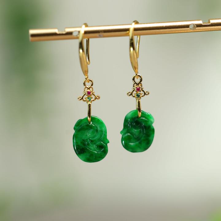 #I910 满色辣绿缅甸天然A货翡翠雕花如意耳坠耳环耳钩款中国古风