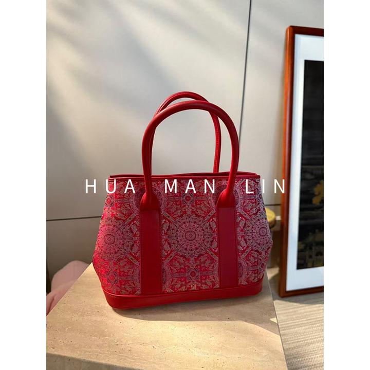 【花滿林】‘八达运’红色真丝桑蚕丝手提包2160【底长26宽12高20】