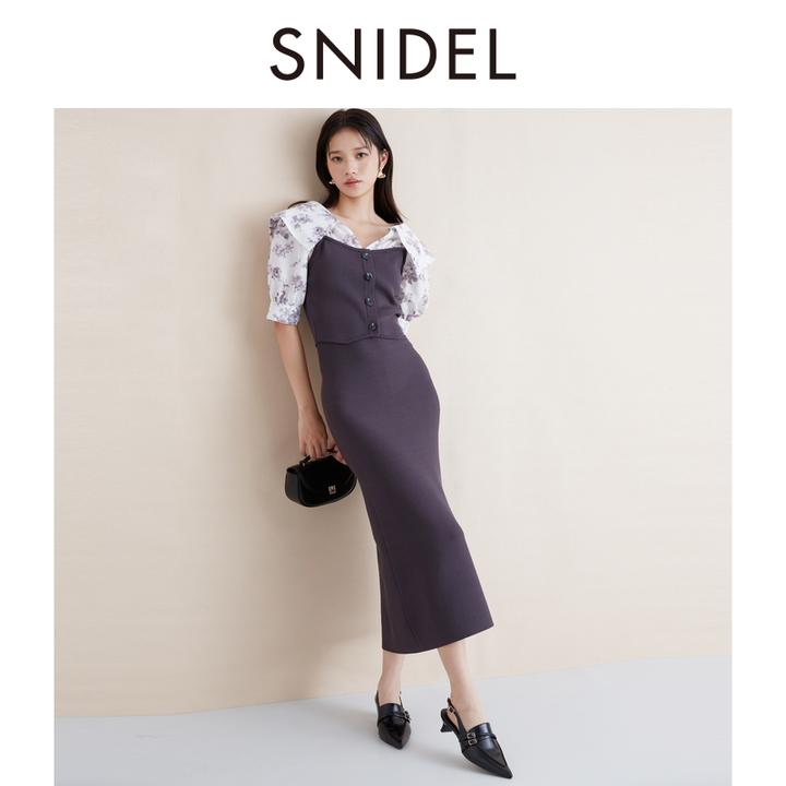 SNIDEL春夏新品气质翻领中袖印花拼接针织连衣裙SWNO244119