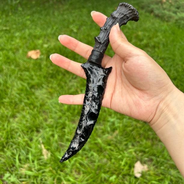 黑曜石异形刀纯手工打制石器手玩把件收藏艺术品节日送礼玩具礼品