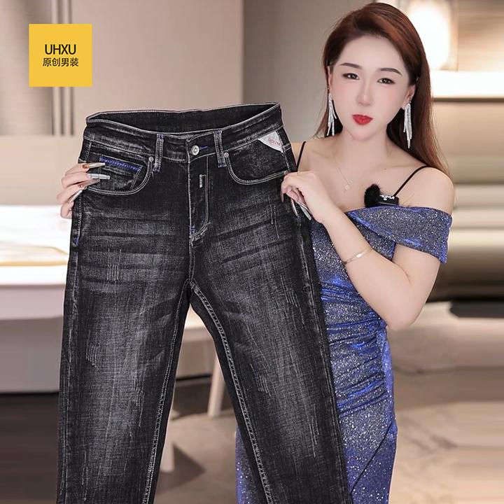 UHXU美式复古潮牌阿美咔叽牛仔裤男冬季新款黑色修身直筒休闲男裤