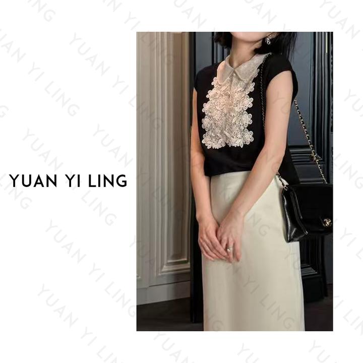 袁艺灵【香榭巴黎】25夏季上新款网纱领黑白撞色气质优雅感女装上衣