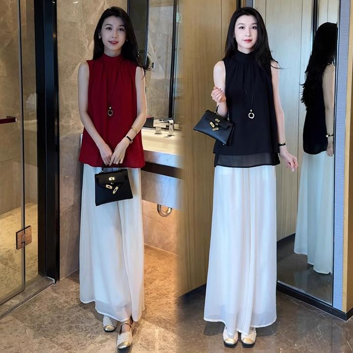 时尚套装裙女2025夏季新款洋气减龄显瘦无袖上衣高腰阔腿裤两件套