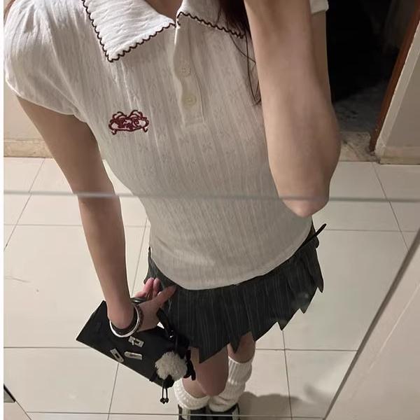 美式辣妹正肩polo领白色提花短袖T恤女夏季复古修身短款显瘦上衣