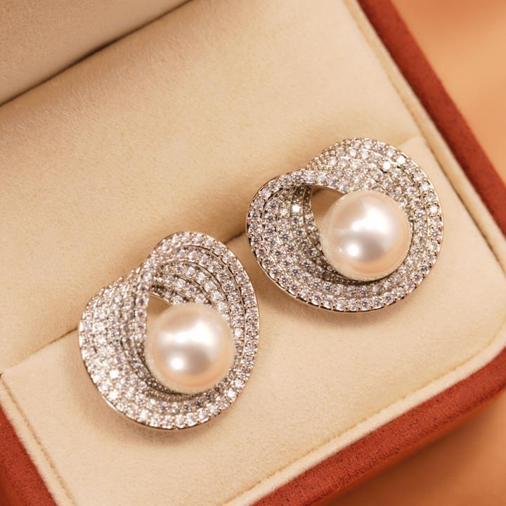 铜合金合成锆石耳饰 高级感镂空镶钻花朵珍珠耳钉女轻奢耳环简约