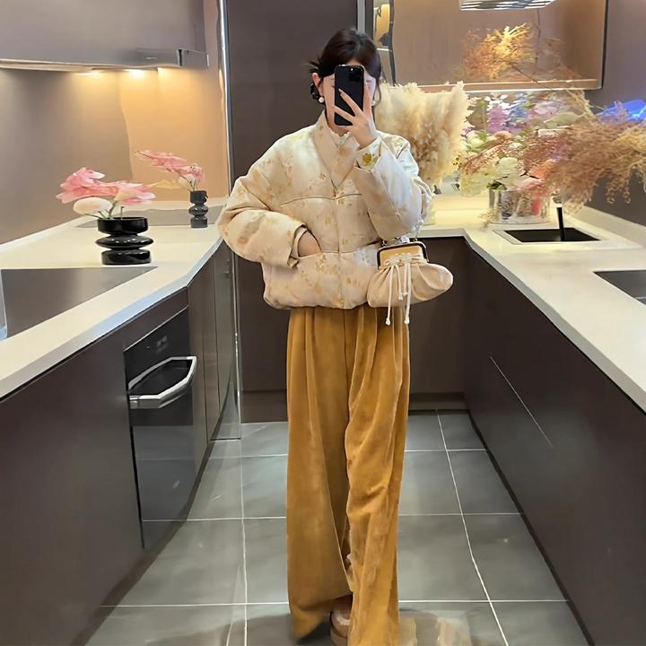 2025冬季款新中式国风套装印花棉服外套灯芯绒休闲裤复古两件套女