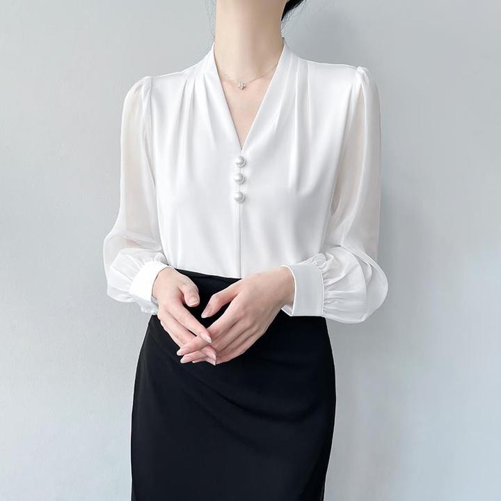 韩帛雅职业通勤ol面试白色衬衫女春季薄款钉珠设计感v领锁骨上衣