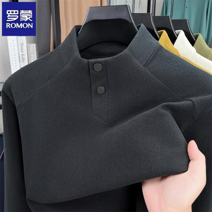 罗蒙冬季双面德绒长袖T恤男士两粒扣立领休闲保暖内搭套头卫衣男