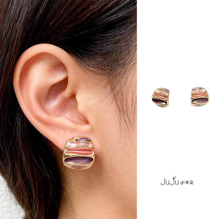 铜合金耳饰 几何图案金色波纹优雅卡其色耳环耳饰气质日韩精致