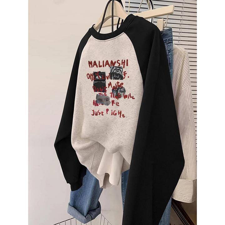 美式加绒插肩袖圆领卫衣女早秋2025新款大码中长款炸街高级感上衣