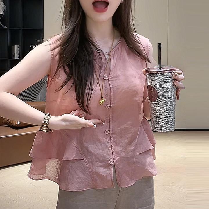 今年流行新款夏季圆领单排扣荷叶边无袖小衫气质上衣服洋气女装