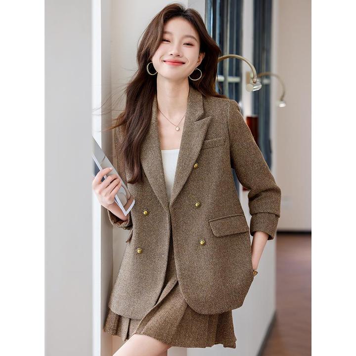 百褶裙西装套装两件套女2025新款春秋休闲职业气质小个子西服外套
