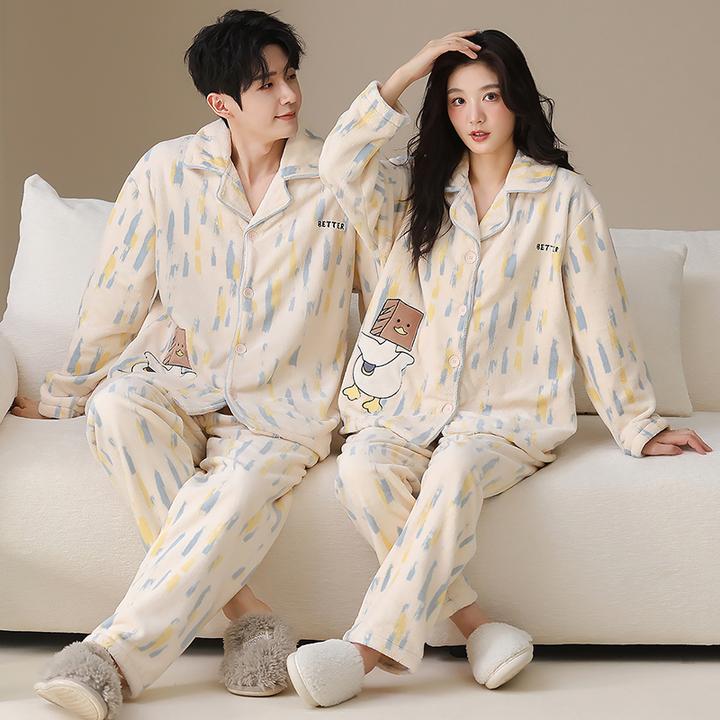 情侣睡衣冬2025新款法兰绒保暖加厚长袖长裤开衫家居服可外穿套装