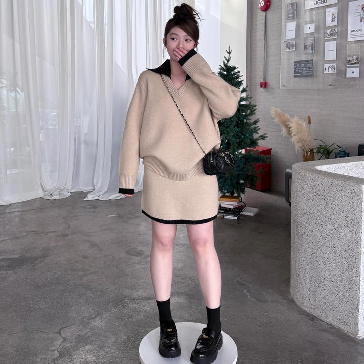 晶咕软软【格拉冬日】韩系休闲翻领撞色针织上衣+针织半裙套装