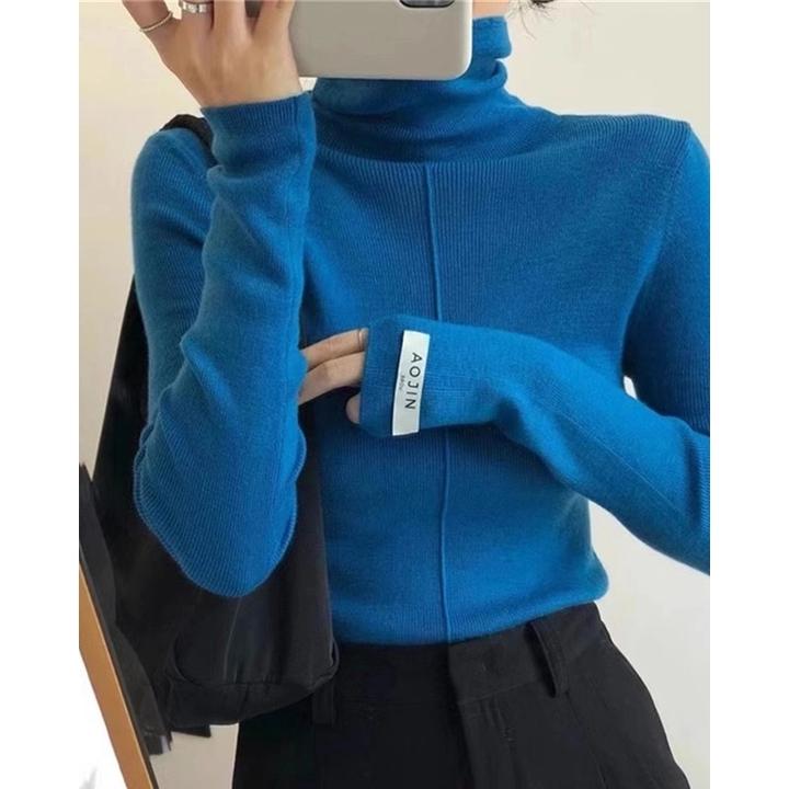 克莱因蓝堆堆领针织衫女春秋高级感修身显瘦内搭打底毛衣高领上衣