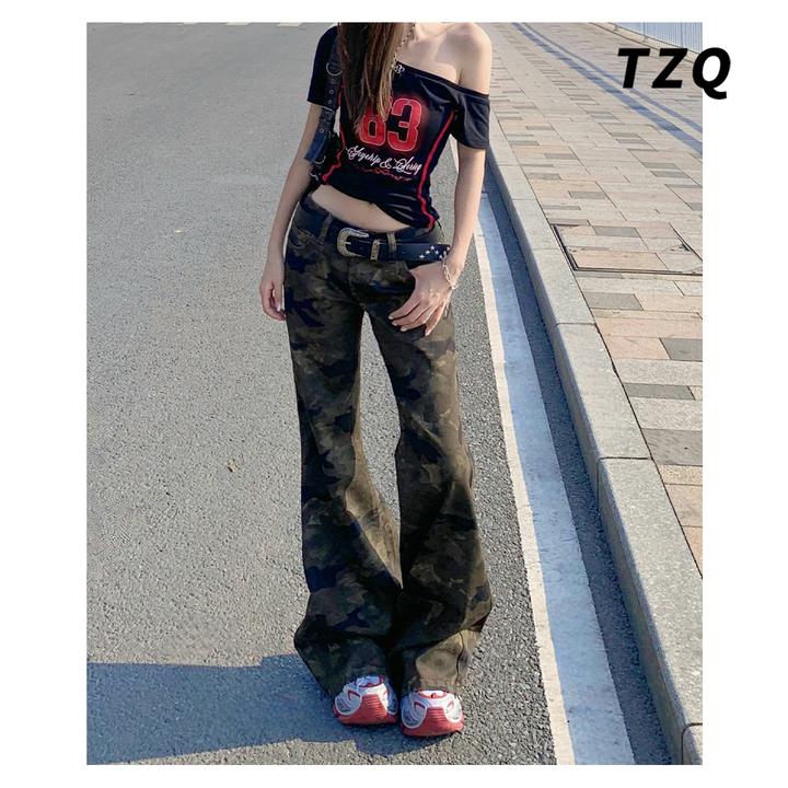 美式低腰迷彩牛仔裤女2025夏辣妹设计感显瘦微喇工装裤TZQ2561034