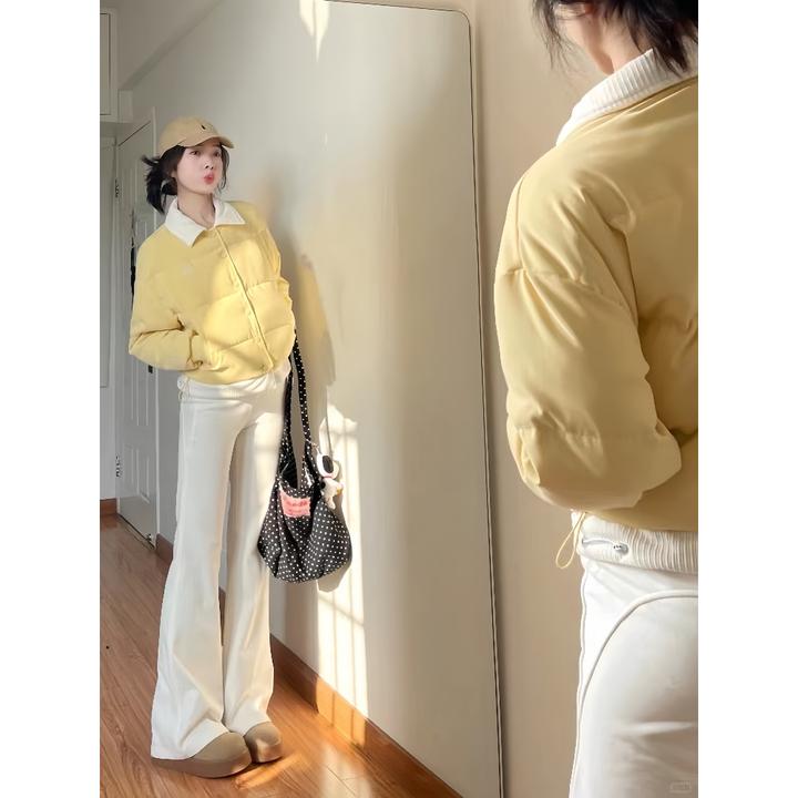 巨好看的奶黄棉服上衣外套牛仔裤两套装女2025新款韩系穿搭一整套