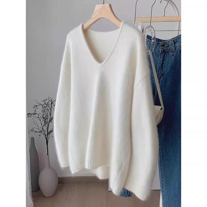 高级感超好看黑色套头毛衣女外穿早秋v领针织衫宽松慵懒简约上衣