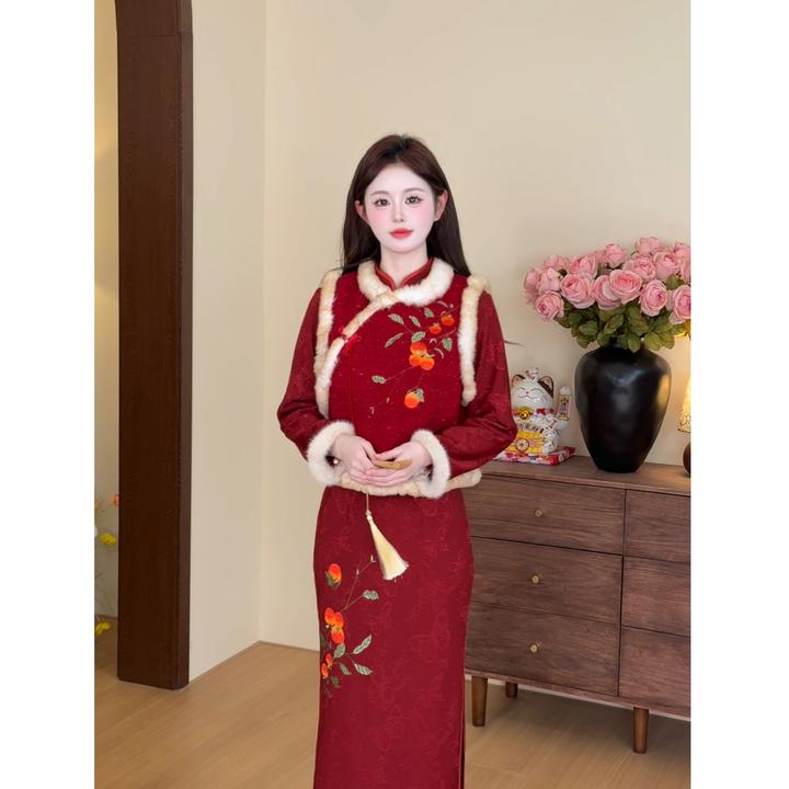 【柿柿顺利】<77>新中式刺绣加绒马甲+加绒刺绣旗袍连衣裙XMZH11394