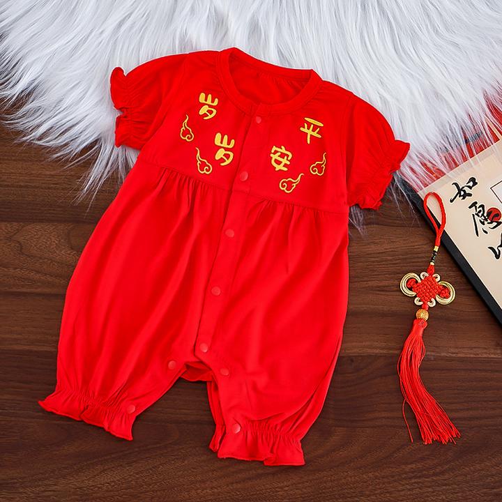 女宝婴儿夏季连体衣红色新生儿衣服满月百天拍照服装婴儿国风衣服
