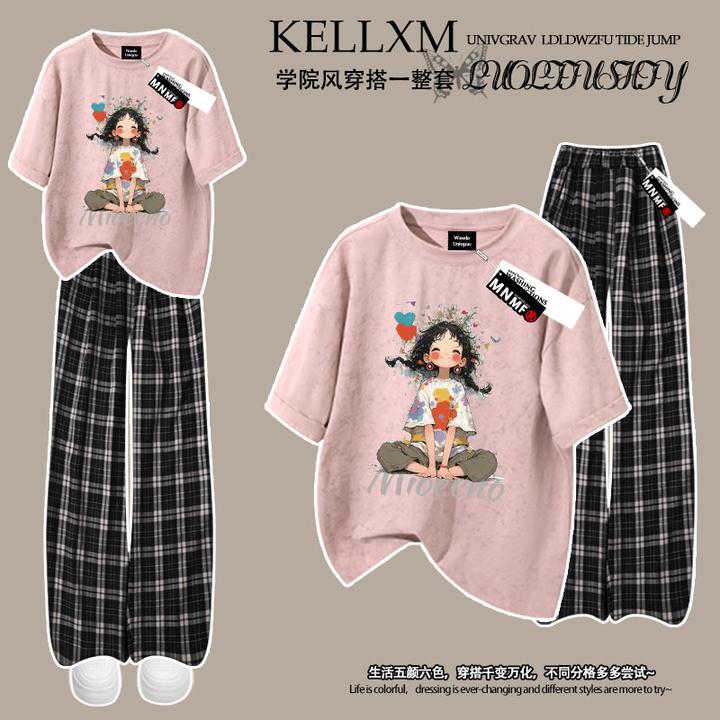 趣味卡通小女孩印花夏季女童套装纯棉扎染短袖T恤格子裤时髦学生