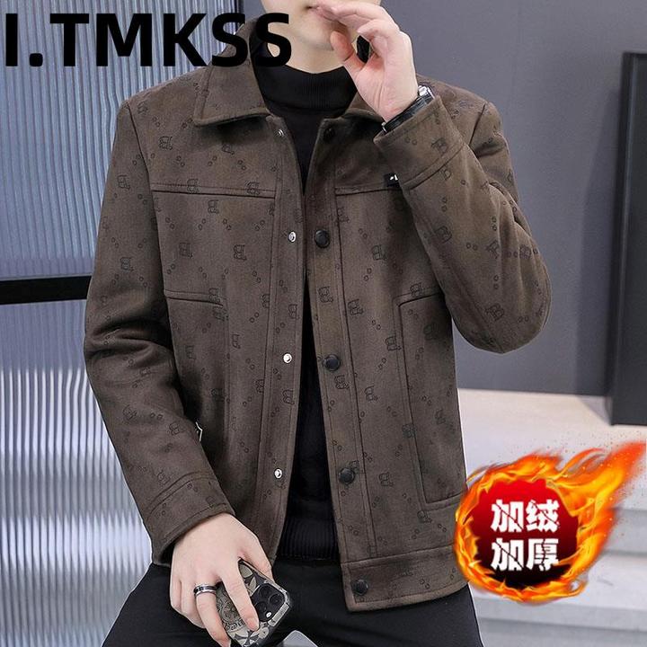 翻领夹克男士秋冬季加绒加厚款高级感潮流休闲外套男百搭时尚青年