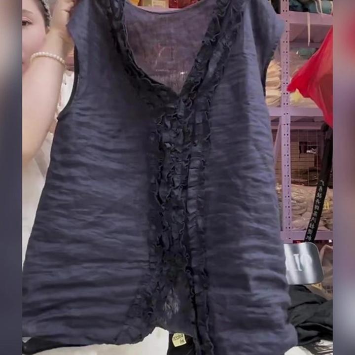 藏蓝色修身百搭超好看气质木耳边无袖上衣2025年夏季潮流爆款欧货
