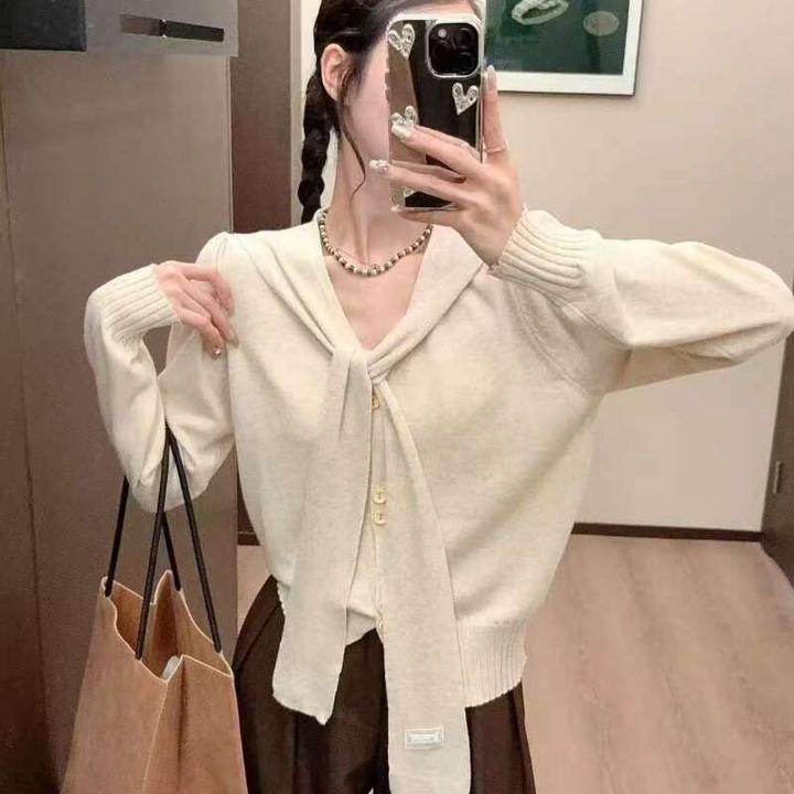 2025年秋季新款百搭修身显瘦针织衫纯色圆领长袖上衣女配披肩开衫