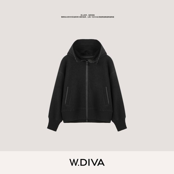W.Diva【信使】100%羊毛秋冬连帽抽绳立领双拉链卫衣外套53C223126