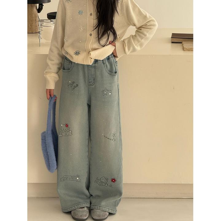 K30416孙小美高端猫咪烫钻女童加绒弯刀牛仔裤秋冬装2025新款裤子