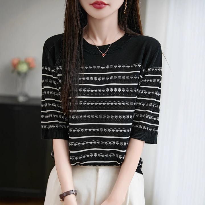 夏季莱赛尔天丝条纹针织短袖t恤女半袖宽松显瘦时尚打底衫上衣套