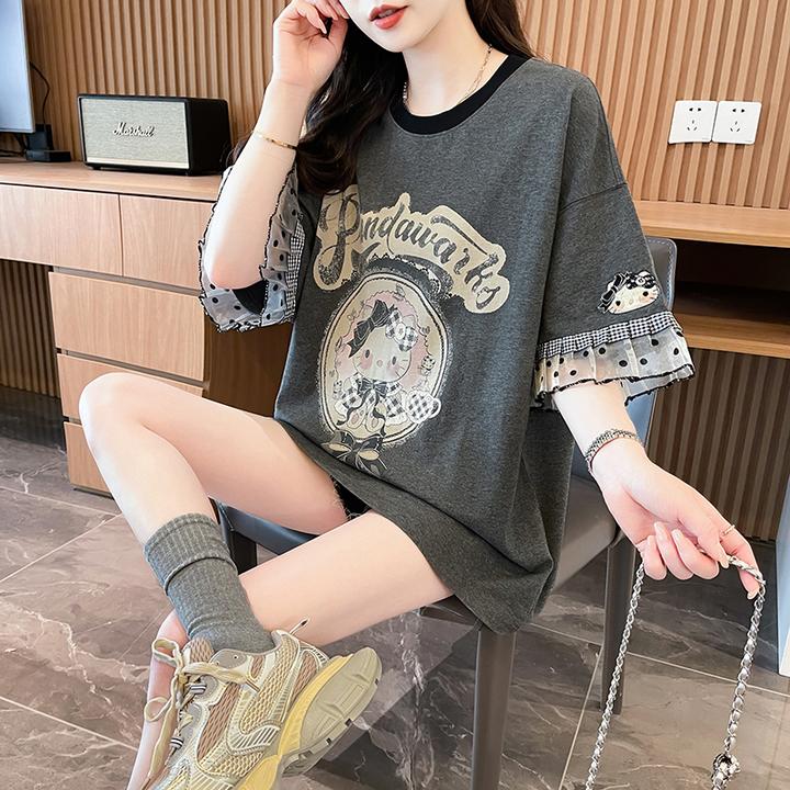 蕾丝拼接超仙女短袖T恤女夏季韩版宽松显瘦中长款遮肉纯棉上衣潮