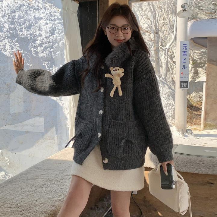 法芬图灰色软糯风连帽单排扣针织毛衣女2025秋季新款俏皮可爱风减