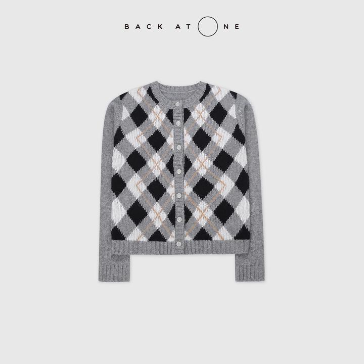 BACKATONE“贵族学院” 复古PRA*菱形格羊绒针织开衫 BFF-1AS498H-K