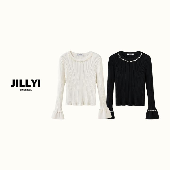 JILLYI【闪亮少女】黑白两色圆领手缝珍珠时尚轻奢针织衫纯色百搭