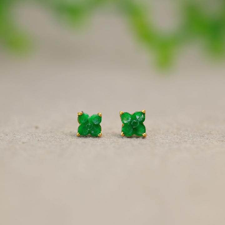 #I747 18K金镶嵌冰种辣绿缅甸天然A货翡翠四叶草耳钉