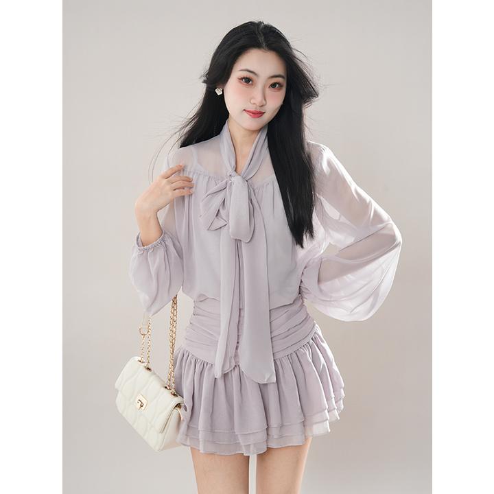 夏装新款韩剧财阀千金氛围感穿搭衬衫+半身裙温柔两件套衬衣系带