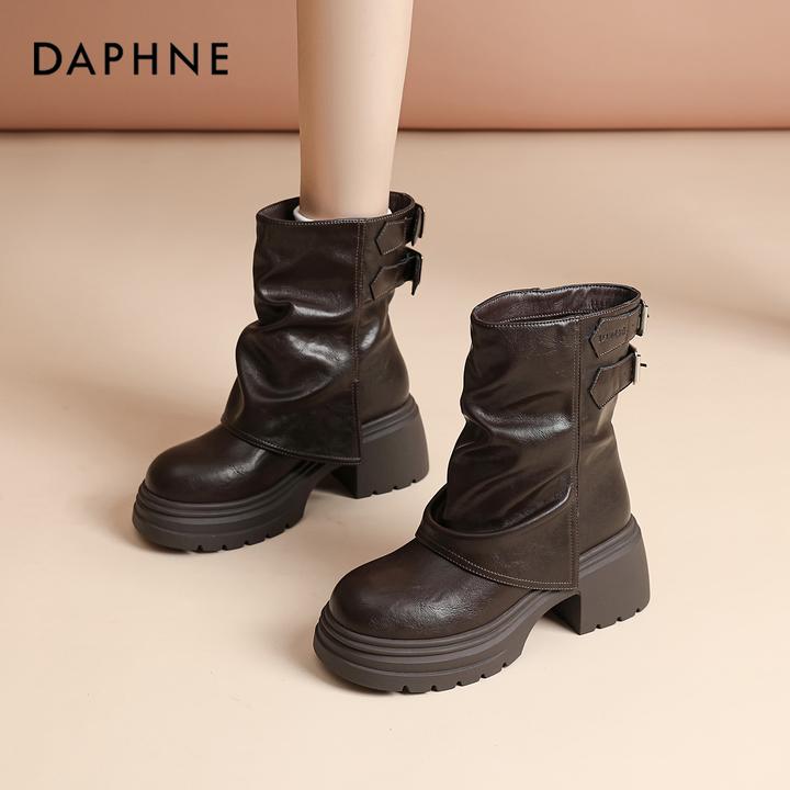 达芙妮加绒马丁靴女款2025新款冬季粗跟短靴巨好看堆堆靴洋气超火