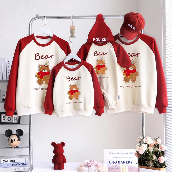 小熊亲子装一家三口四口母子母女高级感卡通卫衣秋冬款婴儿连体衣