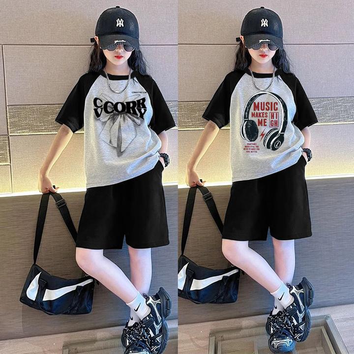 女童纯棉套装夏季时髦短袖短裤女孩洋气中大童休闲家居服两件套