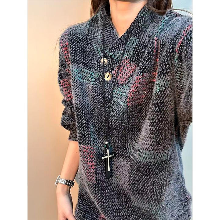 美式cleanfit毛绒针织连帽卫衣男款秋冬复古重磅格子外套休闲上衣