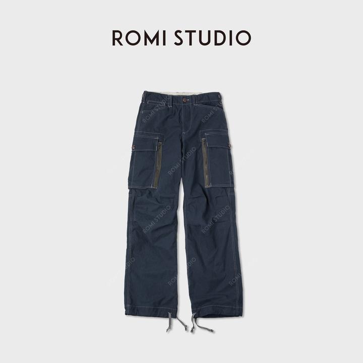 ROMI STUDIO“复古腔调”深蓝撞色明线大口袋工装休闲裤 RWCAXU5888