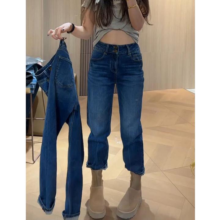 大码高腰直筒牛仔裤女2025年春季新款梨型身材小个子显瘦长裤子