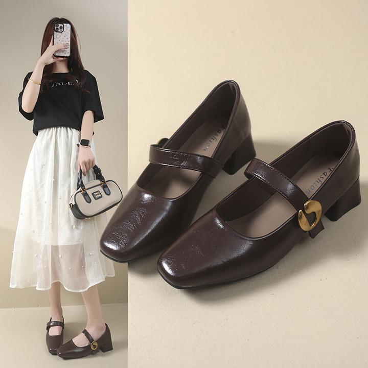 粗跟纯色方头法式浅口轻职风单鞋中跟玛丽珍鞋子软皮软底舒适皮鞋