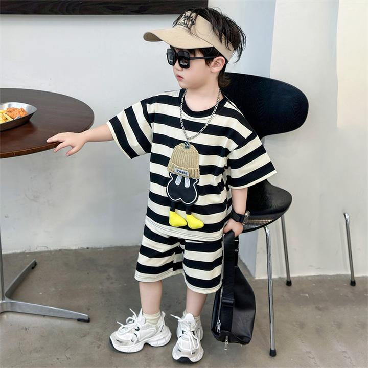 套装韩版夏季印花女童中小童夏装连体中大童条纹休闲洋气帅气男童