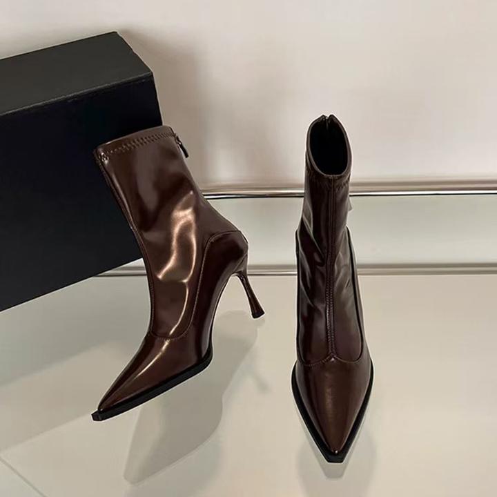 7cm高跟复古拼接裸靴2025秋冬瘦瘦靴尖头细跟棕色软皮后拉链短靴