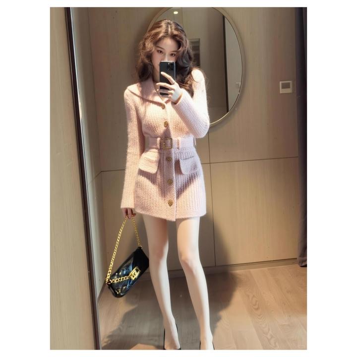 出席重要场合的裙子高端精致小香风宴会收腰小个子粉色针织连衣裙